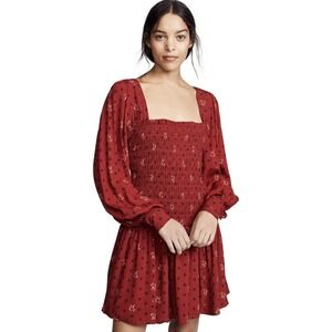 Free People Two Faces Mini Dress Size Medium‎ Ruby Red Smocked Long Sleeve Boho